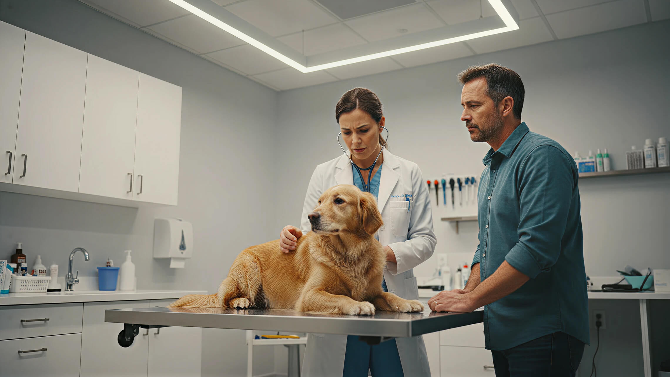 Un vétérinaire avec un chien et son propriétaire pendant une consultation