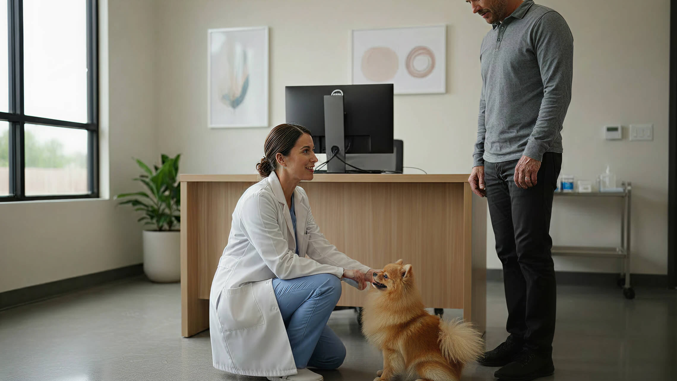 Une vétérinaire avec un chien et son propriétaire pendant sa consultation