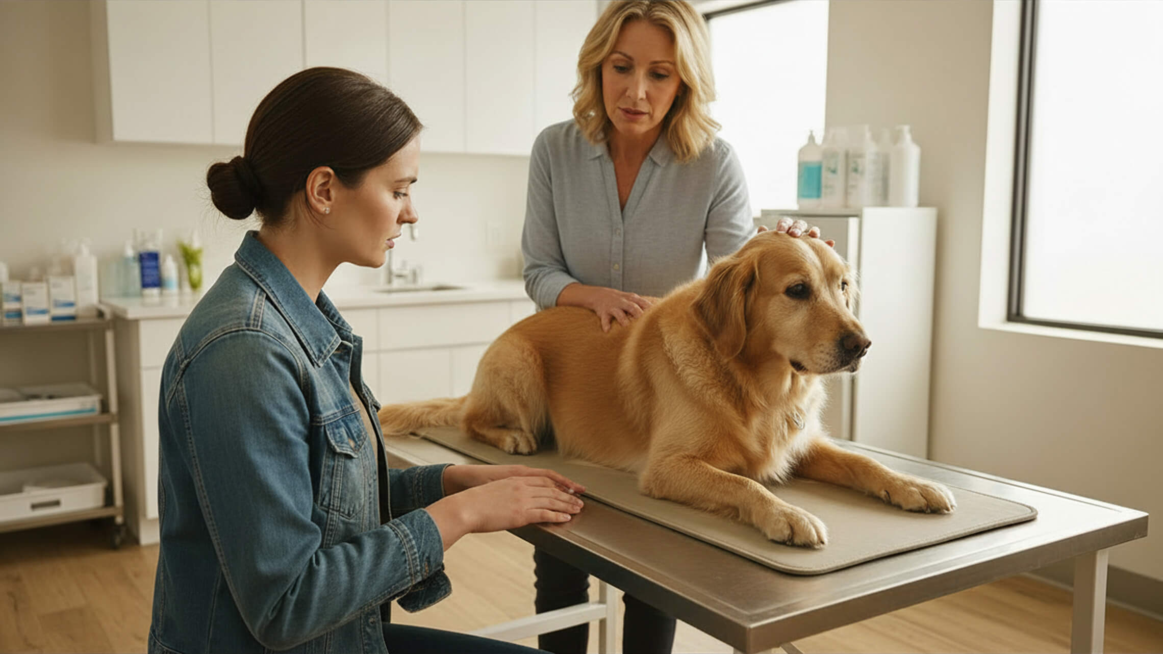 Une vétérinaire qui examine un chien lors d'une consultation
