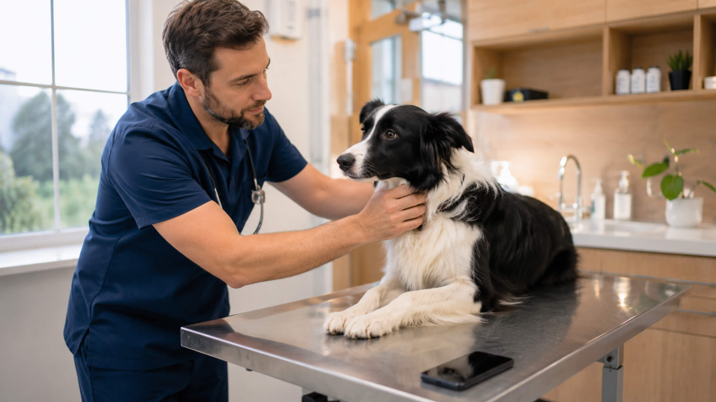 Un vétérinaire lors d'une consultation canine qui ausculte un chien