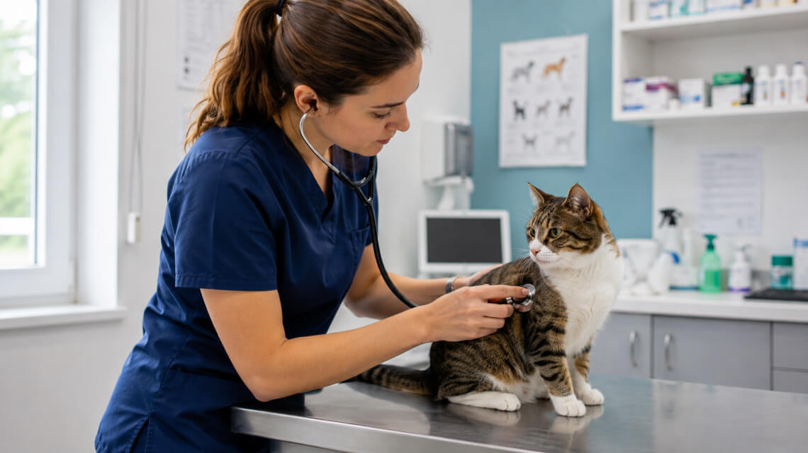 Une vétérinaire lors d'une consultation vétérinaire avec un chat