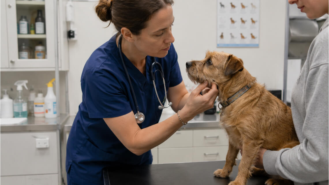 Une vétérinaire qui ausculte un chien lors d'une consultation