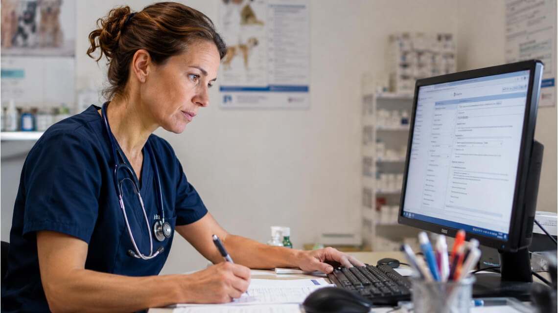 Une vétérinaire qui évalue un compte rendu vétérinaire généré par IA