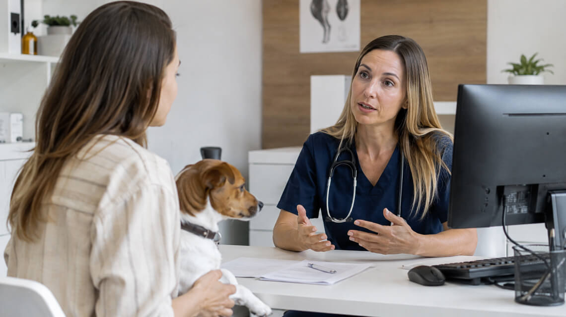 Une vétérinaire explique à un propriétaire d'animal comment sont les traitées les données enregistrées par son scribe IA