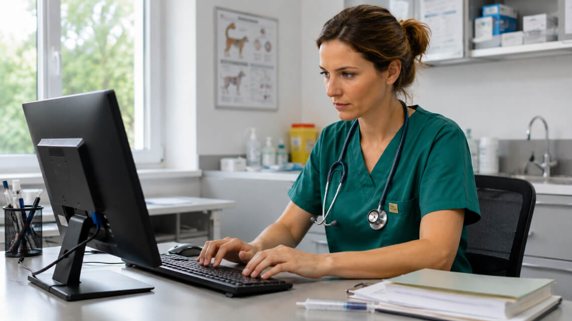 Une vétérinaire qui rédige son compte rendu de consultation