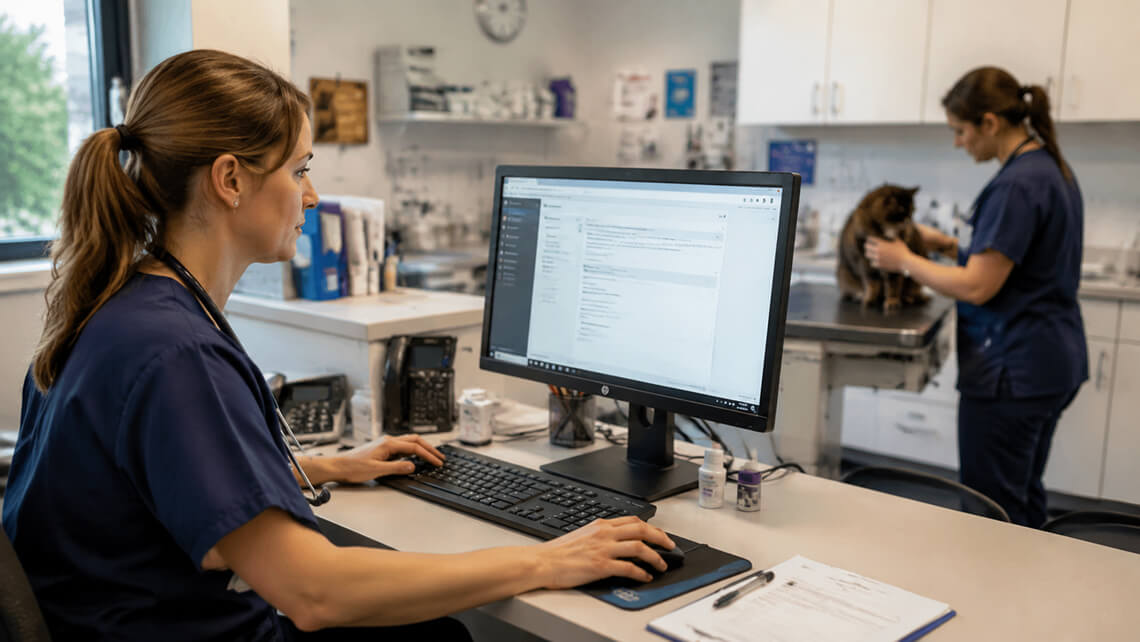 Une vétérinaire qui utilise un scribe IA vétérinaire pendant une consultation