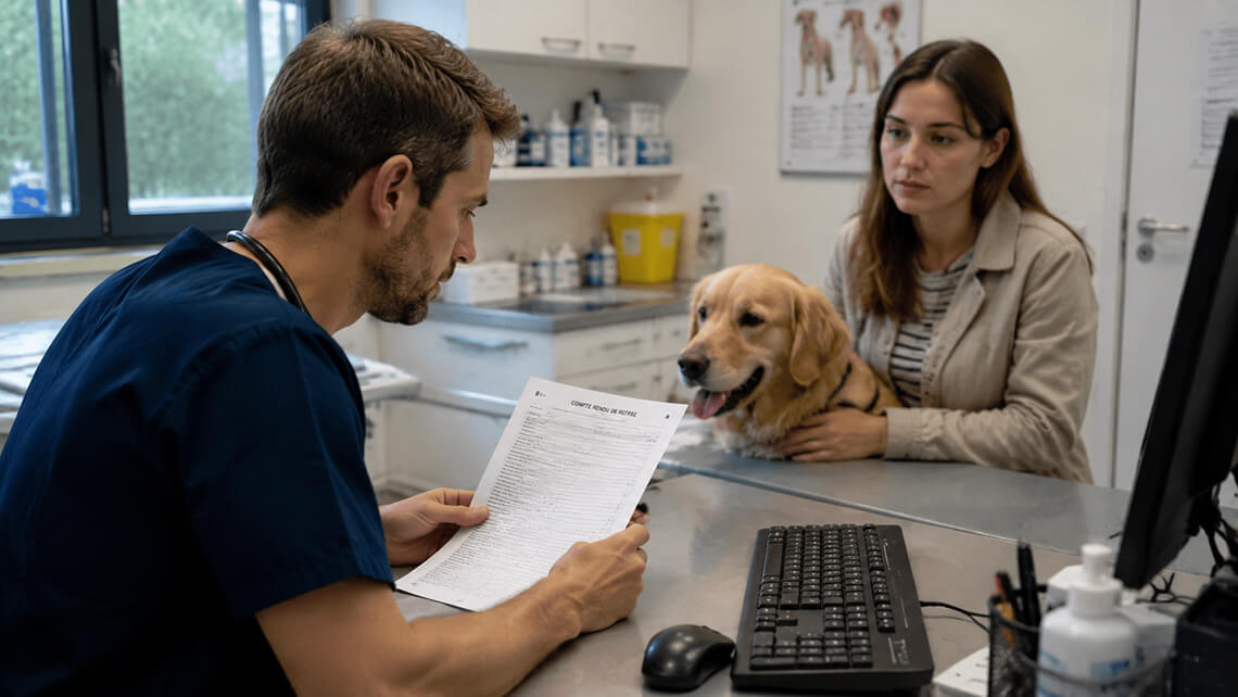 Un vétérinaire reçoit un chien en référé et lit le compte rendu de consultation de son confrère