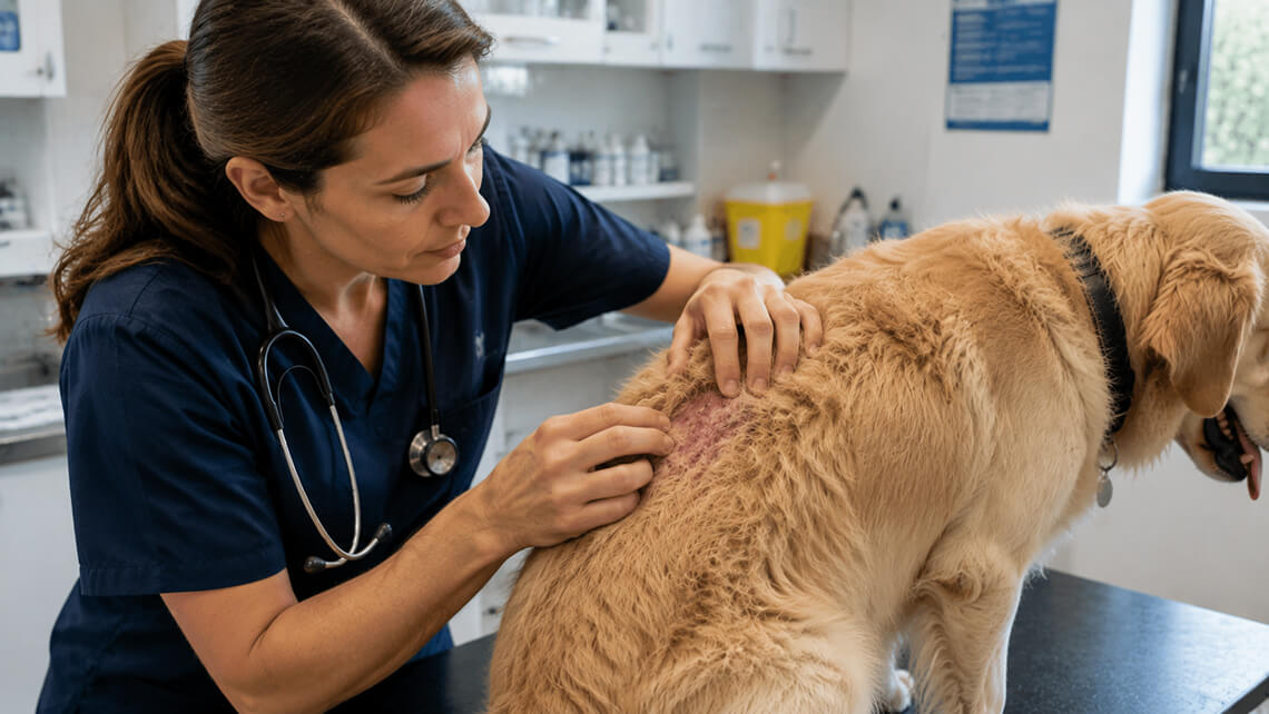 Une vétérinaire effectue un examen dermatologique sur un chien