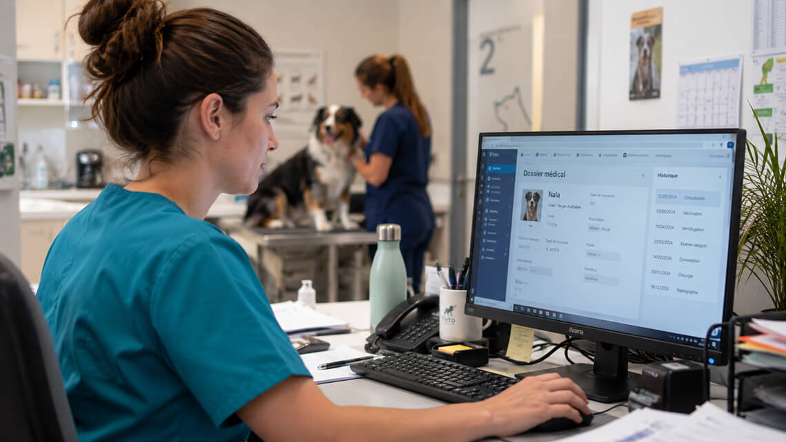 Une vétérinaire utilise un logiciel vétérinaire moderne