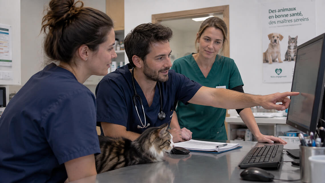 Des vétérinaires assurent l'onboarding d'un nouveau vétérinaire dans le cabinet