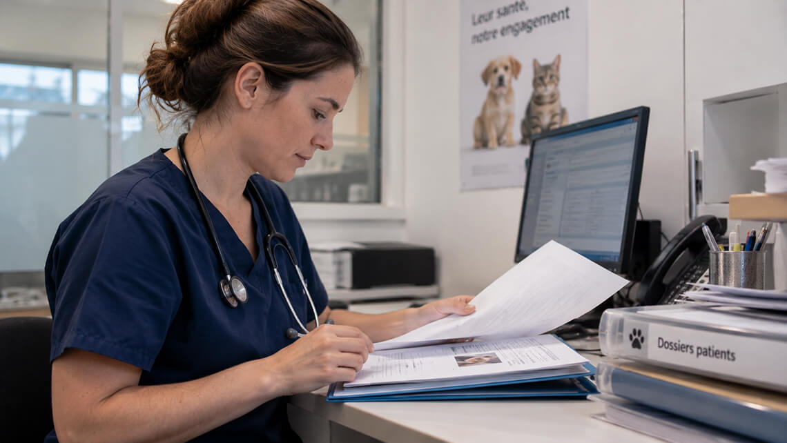 Une vétérinaire qui consulte le dossier médical d'un animal
