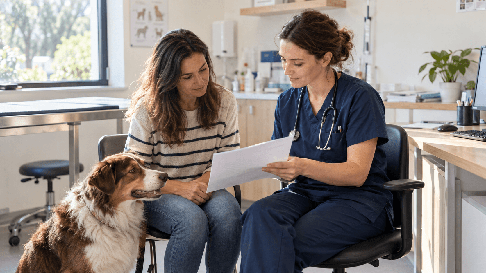 Une vétérinaire présente un compte rendu de consultation à la propriétaire du chien
