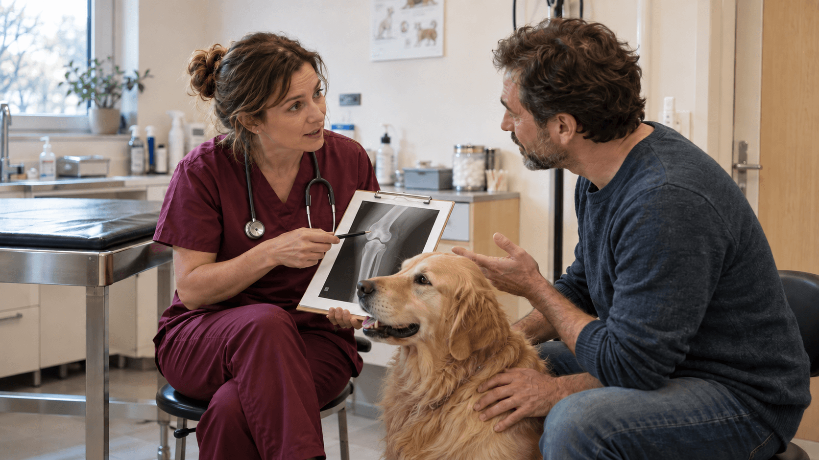 Une vétérinaire explique un diagnostic à un propriétaire de chien