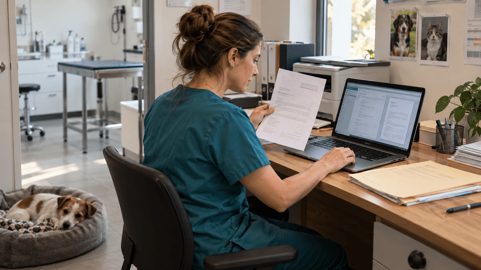 Une vétérinaire rédige un compte rendu de consultation
